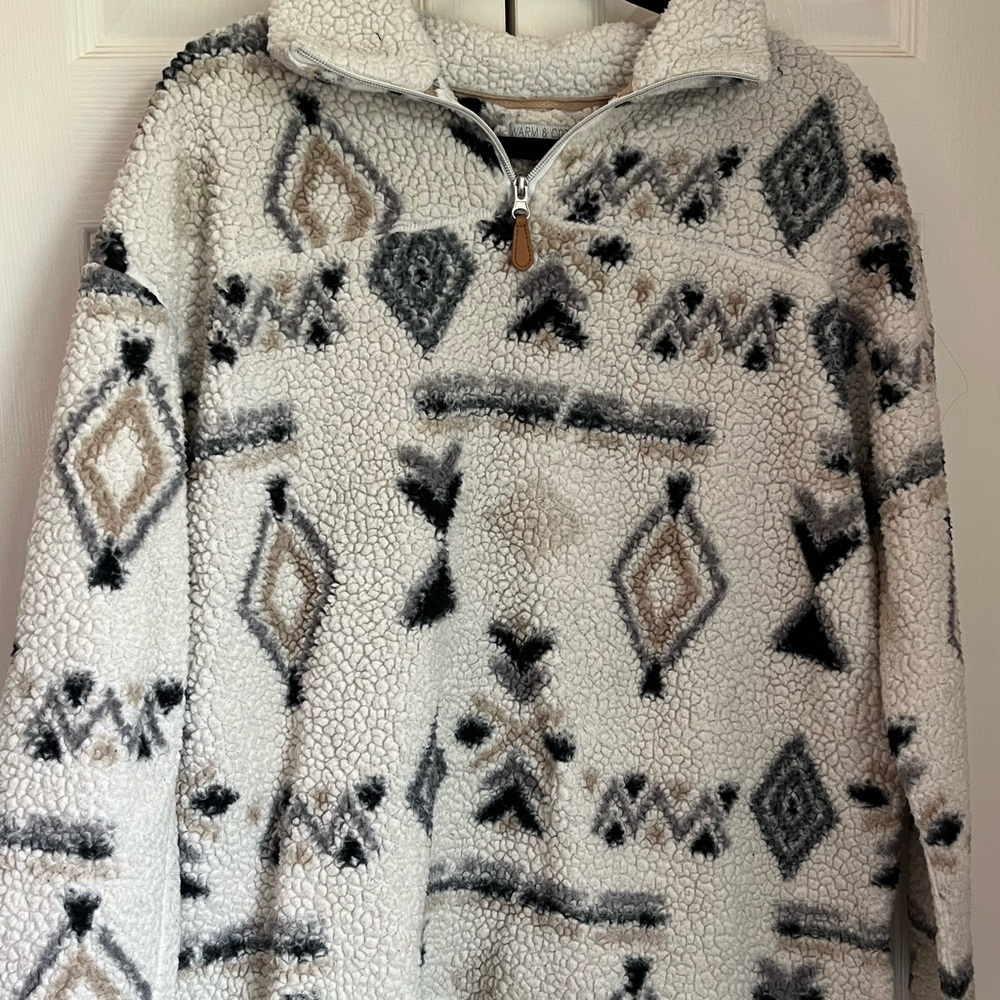 Cream and Black Cowl Neck Sweater with Geometric Pattern